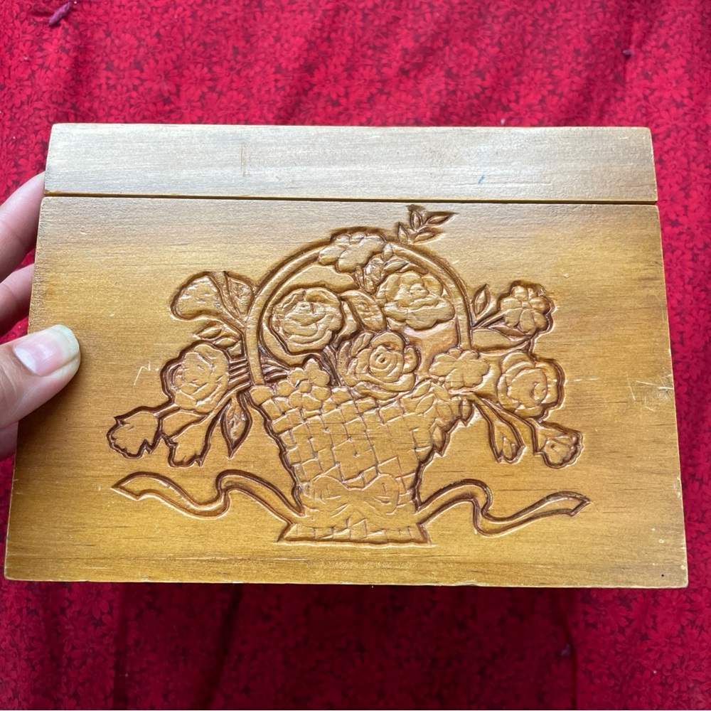 Wooden Box with Floral Basket Carving Design 7x5x3.5 in‎